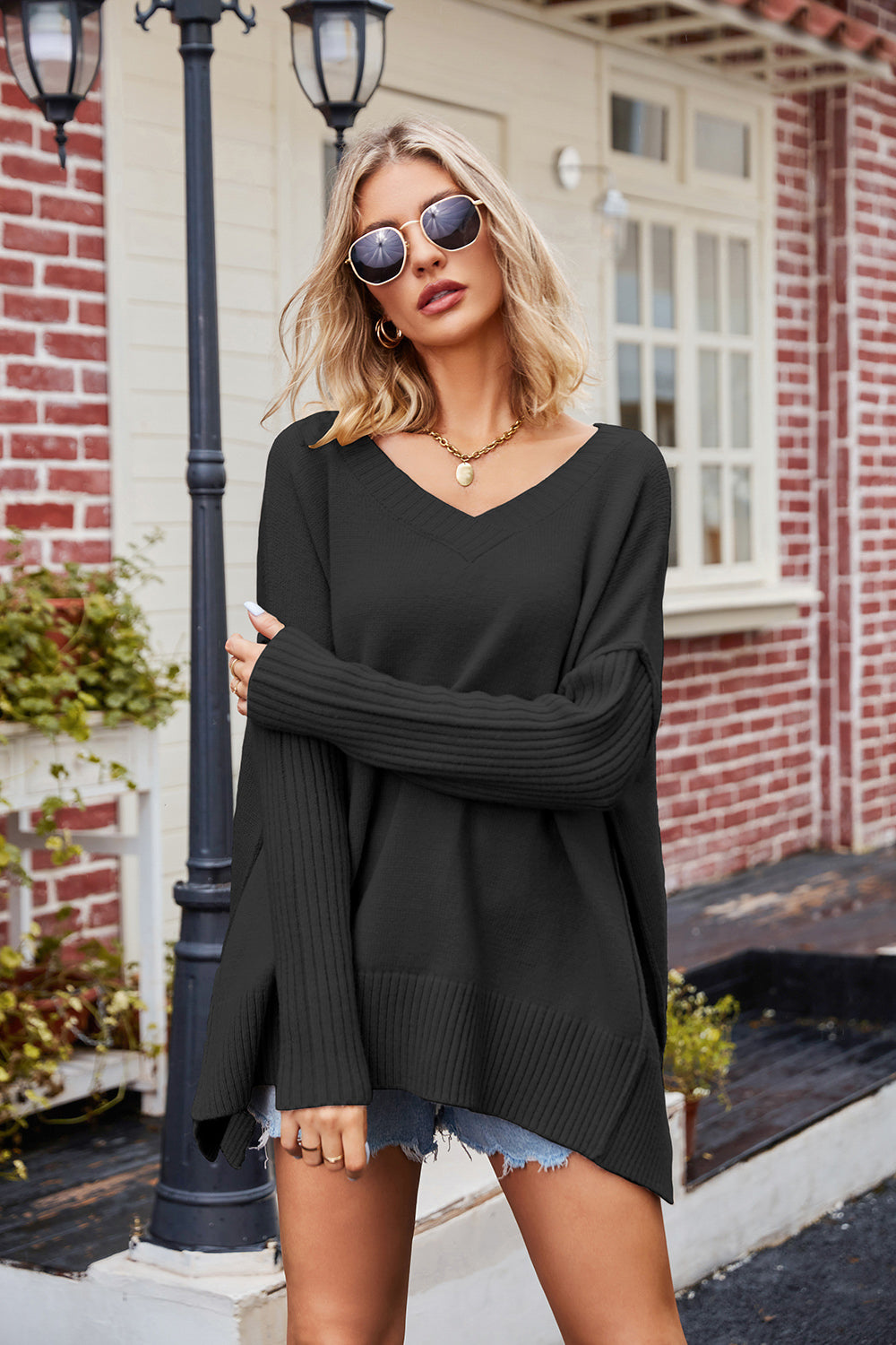V-neck Slit Exposed Seam Sweater (7)