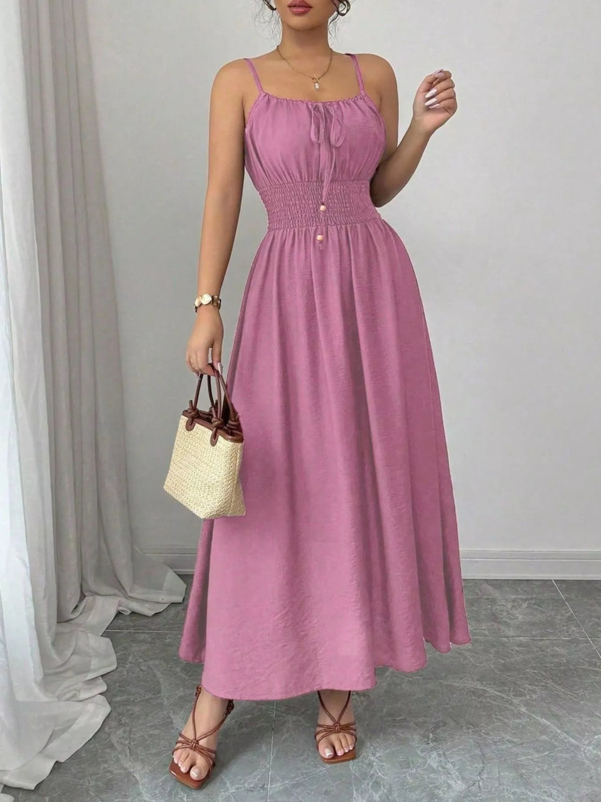 Smocked Spaghetti Strap Midi Dress (19)
