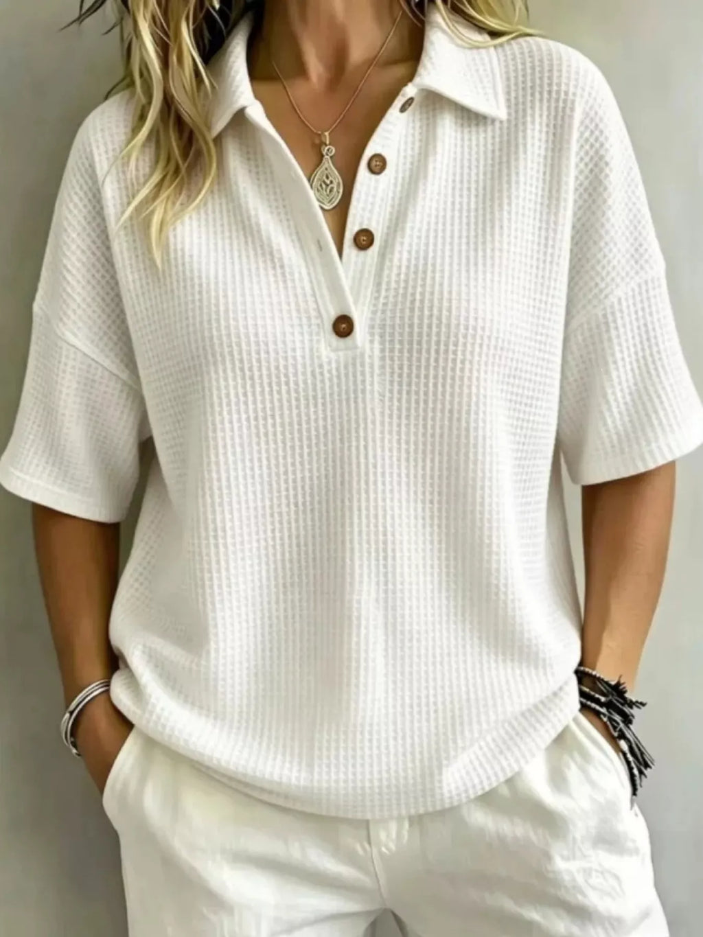 Full Size Waffle Knit Polo Top Button Detail Plus