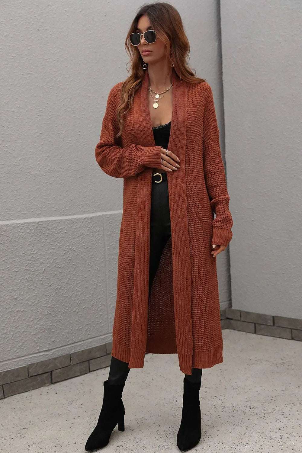 Waffle Knit Open Front Duster Cardigan Pockets (5)