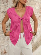 Tied Front Openwork V-neck Knit Top (2)