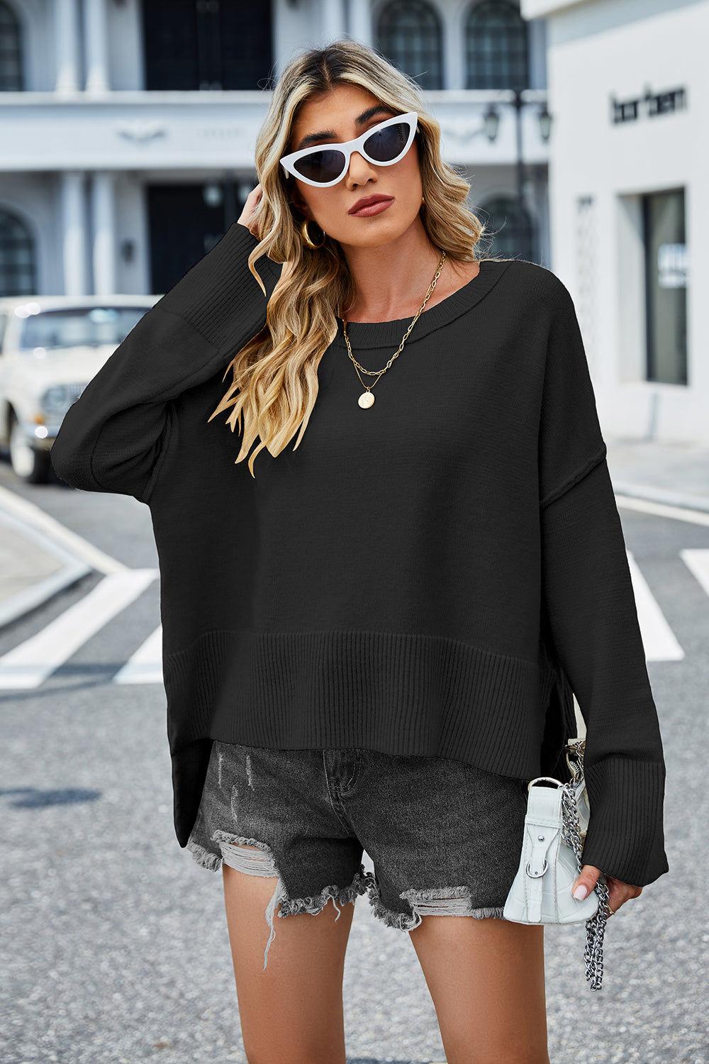 Round Neck Dropped Shoulder Slit Sweater (7)