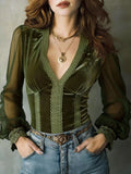 Lace Trim Sheer Long Sleeve Blouse