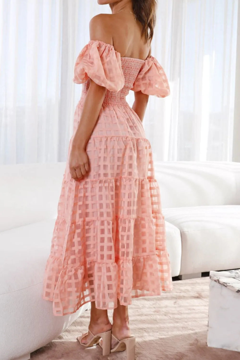 Off Shoulder Short Puff Sleeve Midi Dress (3)