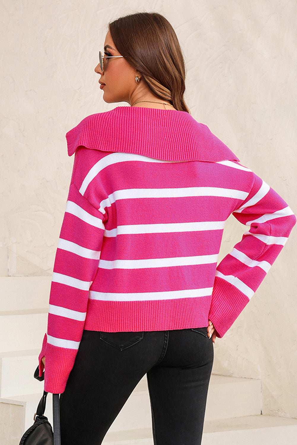 Striped Collared Neck Slit Sweater (2)
