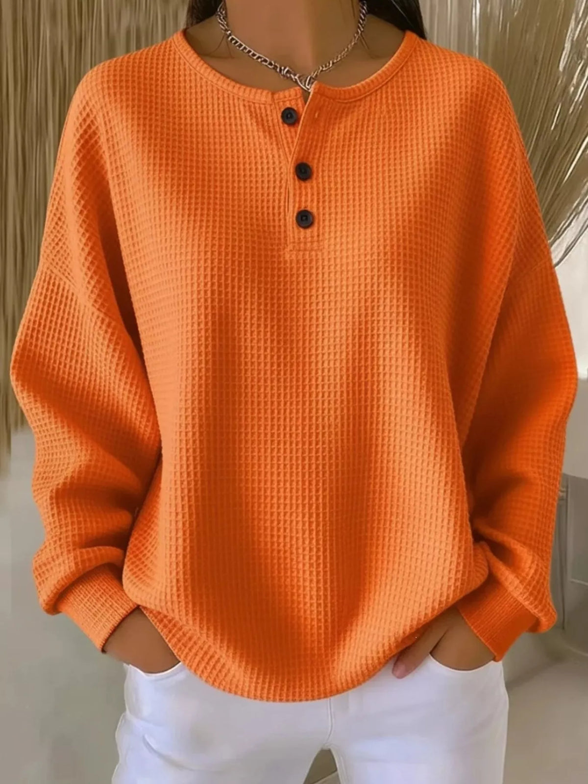Full Size Waffle Knit Button Detail Top Plus