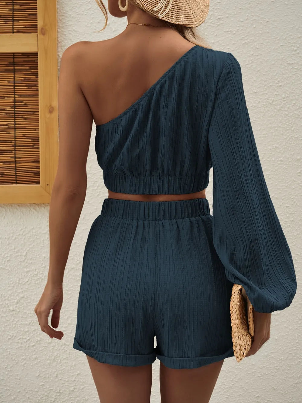 One Shoulder Long Sleeve Top Shorts Set (21)