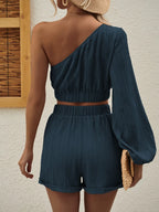 One Shoulder Long Sleeve Top Shorts Set (21)