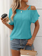 Eyelet Asymmetrical Shoulder Short Sleeve T-shirt (34)