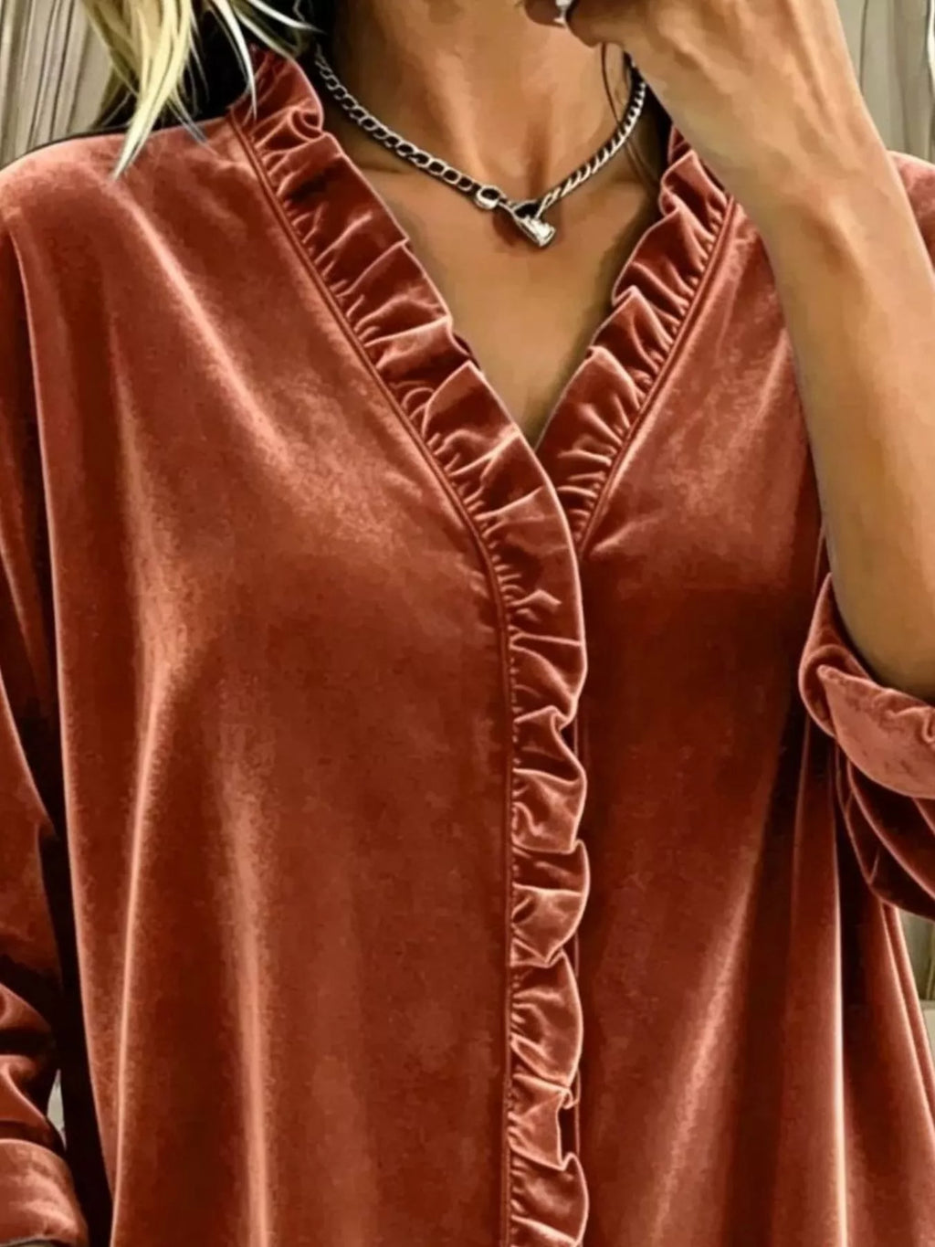 Velvet Frill V-neck Blouse (5)