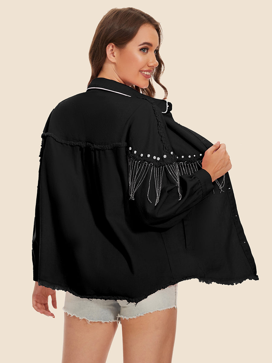 Raw Hem Fringe Detail Denim Jacket (6)