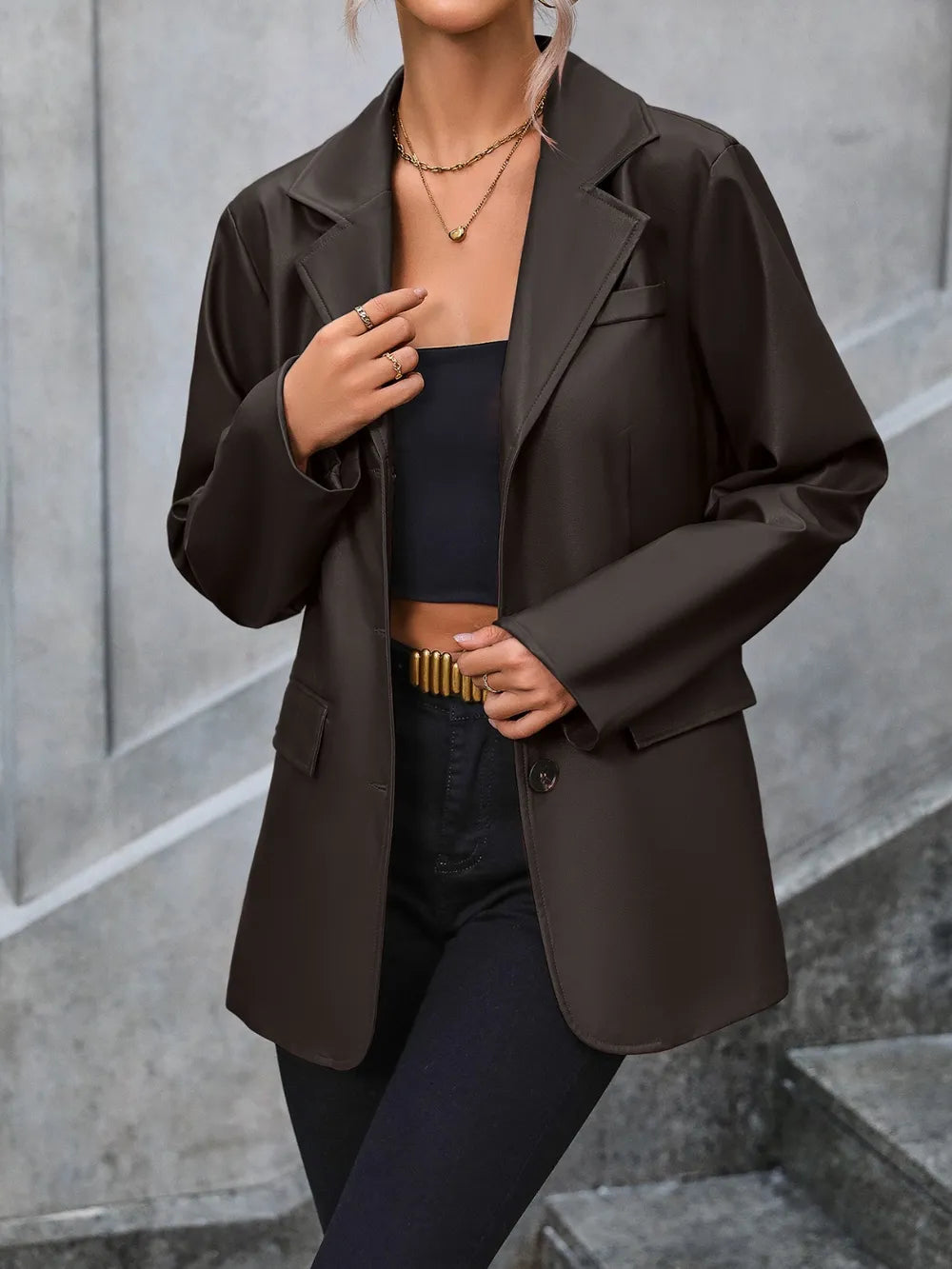 Pocketed Button Up Collared Neck Blazer (4)