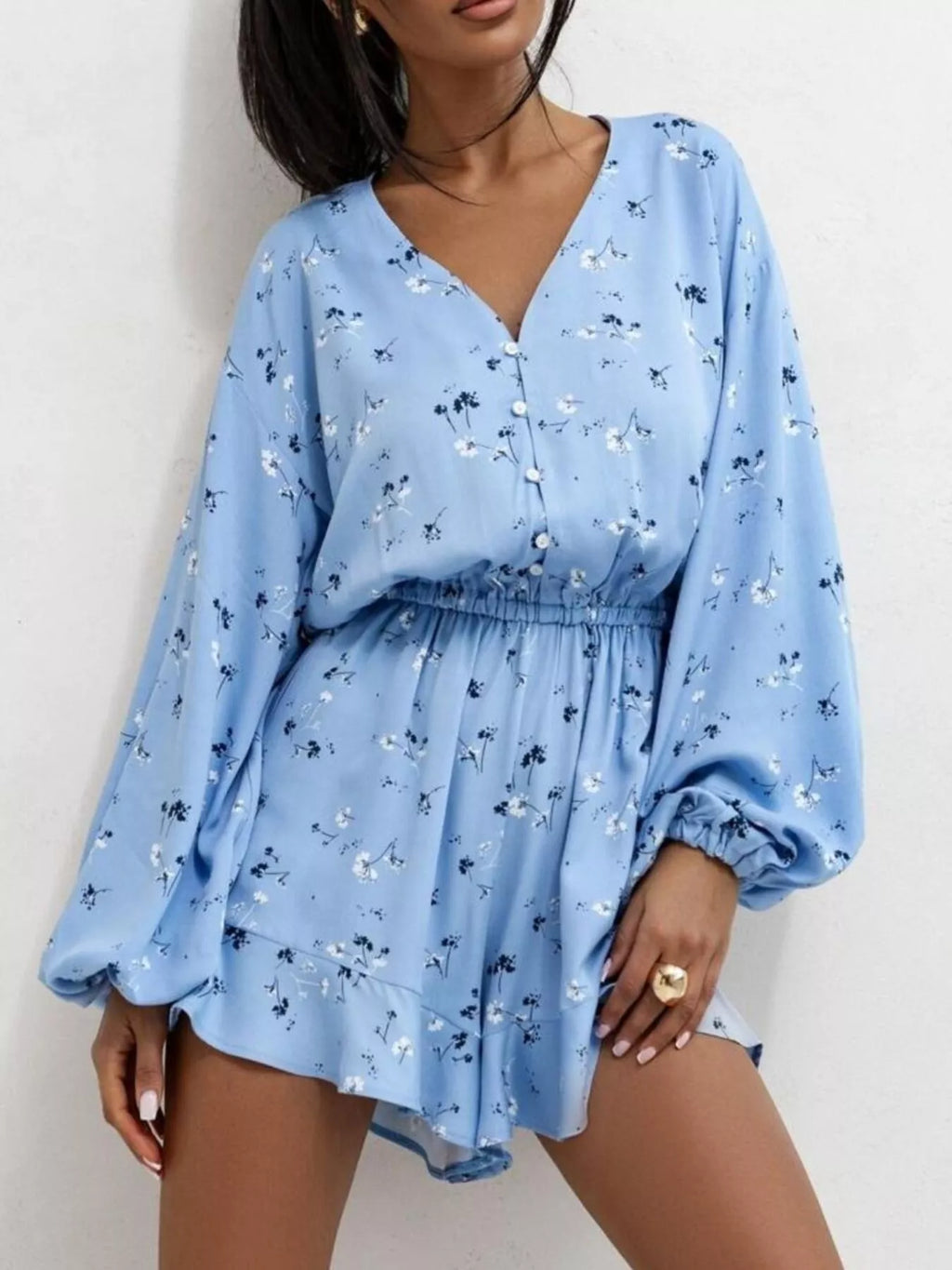 Floral V-neck Long Sleeve Romper Elastic Waist (3)