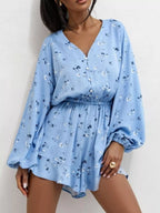 Floral V-neck Long Sleeve Romper Elastic Waist (3)