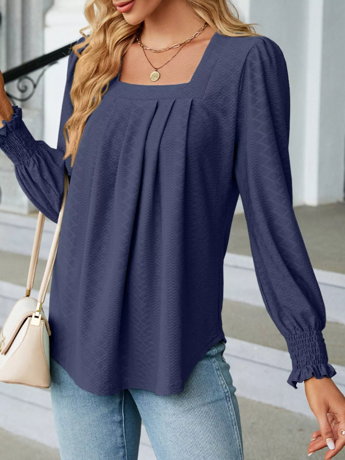Pleated Square Neck Long Sleeve Top (28)