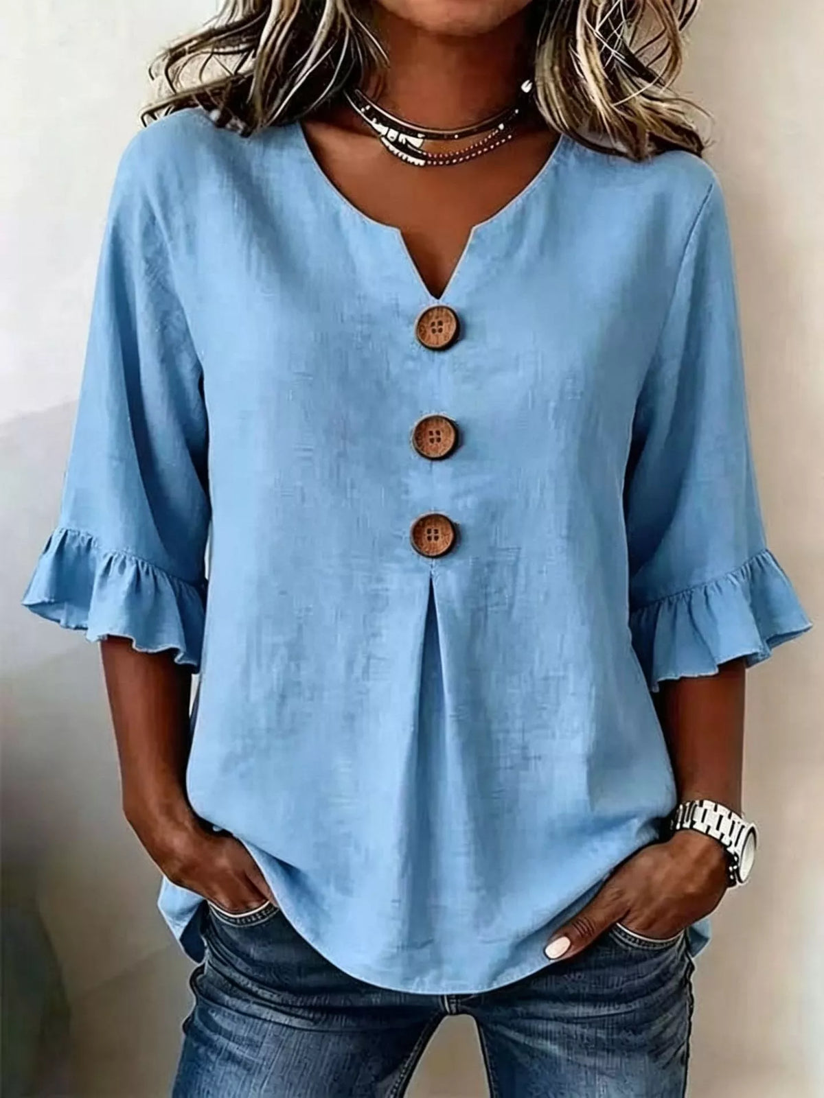 Full Size Casual Ruffle‑sleeve Decor‑button Top Plus
