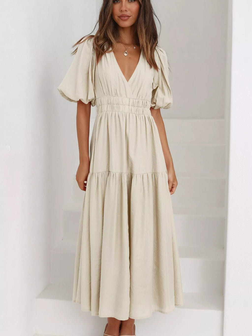 V-neck Puff Sleeve Midi Dress (16)