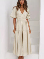 V-neck Puff Sleeve Midi Dress (16)