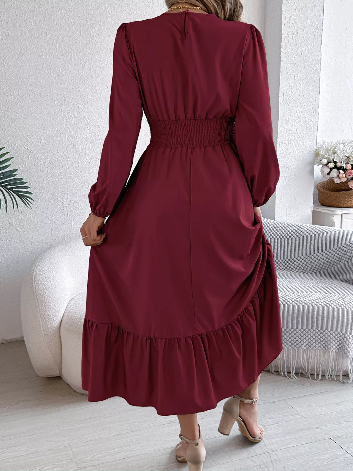 Round Neck Balloon Sleeve Tiered Dress (8)