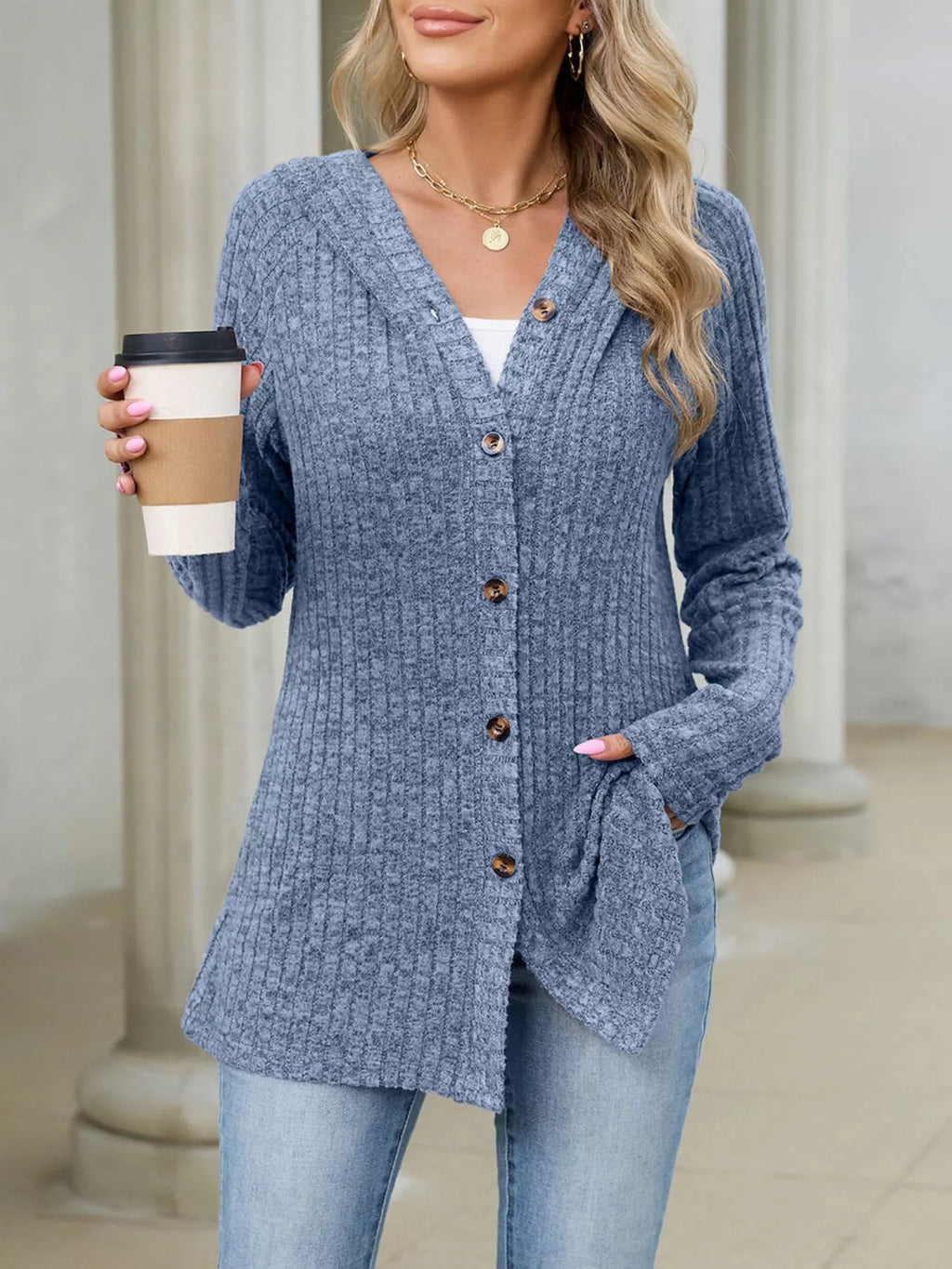 Ribbed Knit Hooded Button-down Cardigan (26)