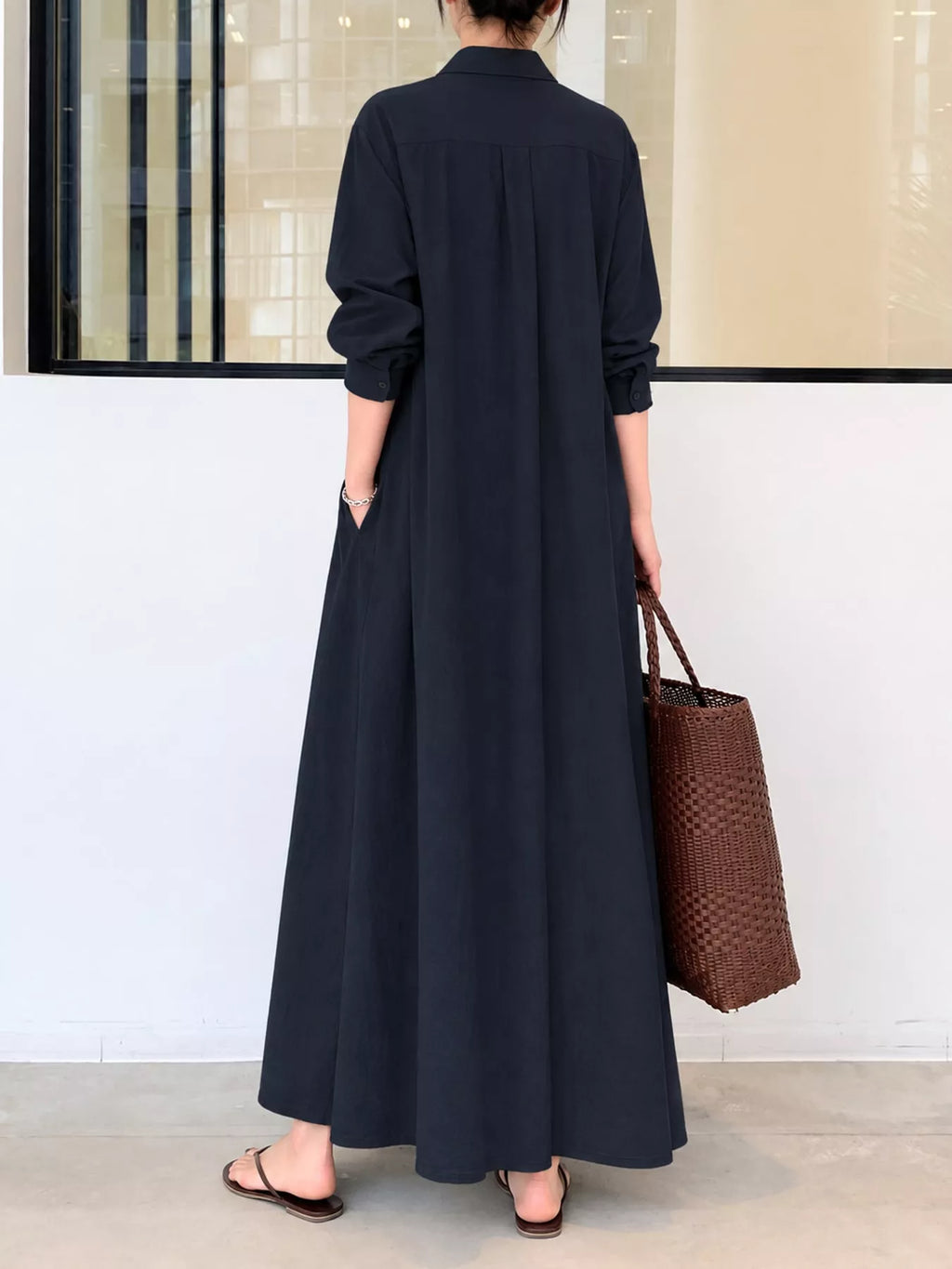 Full Size Button Front Long Sleeve Maxi Shirt Dress Plus (21)