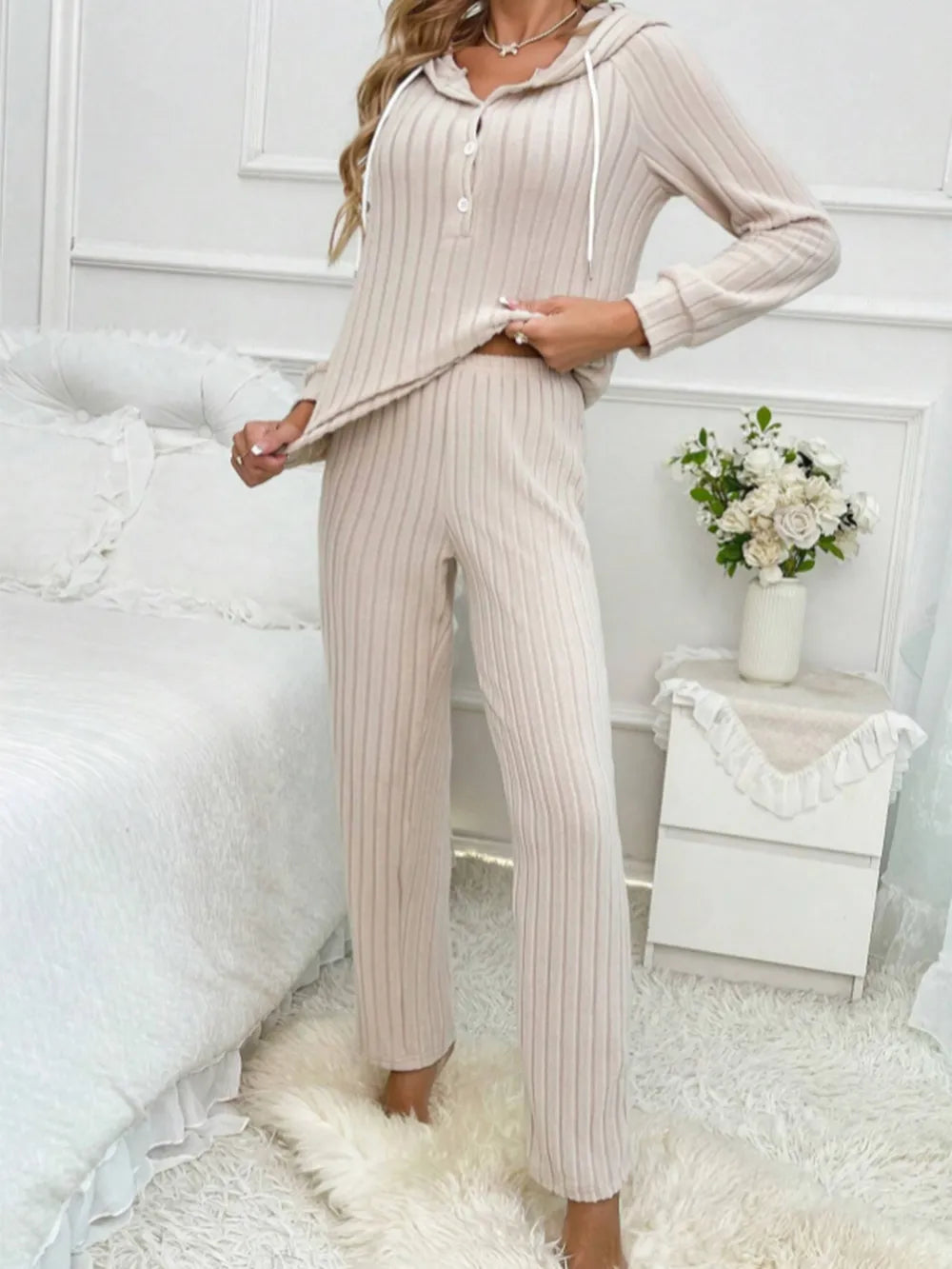 Drawstring Half Button Hooded Top Ribbed Pants Set