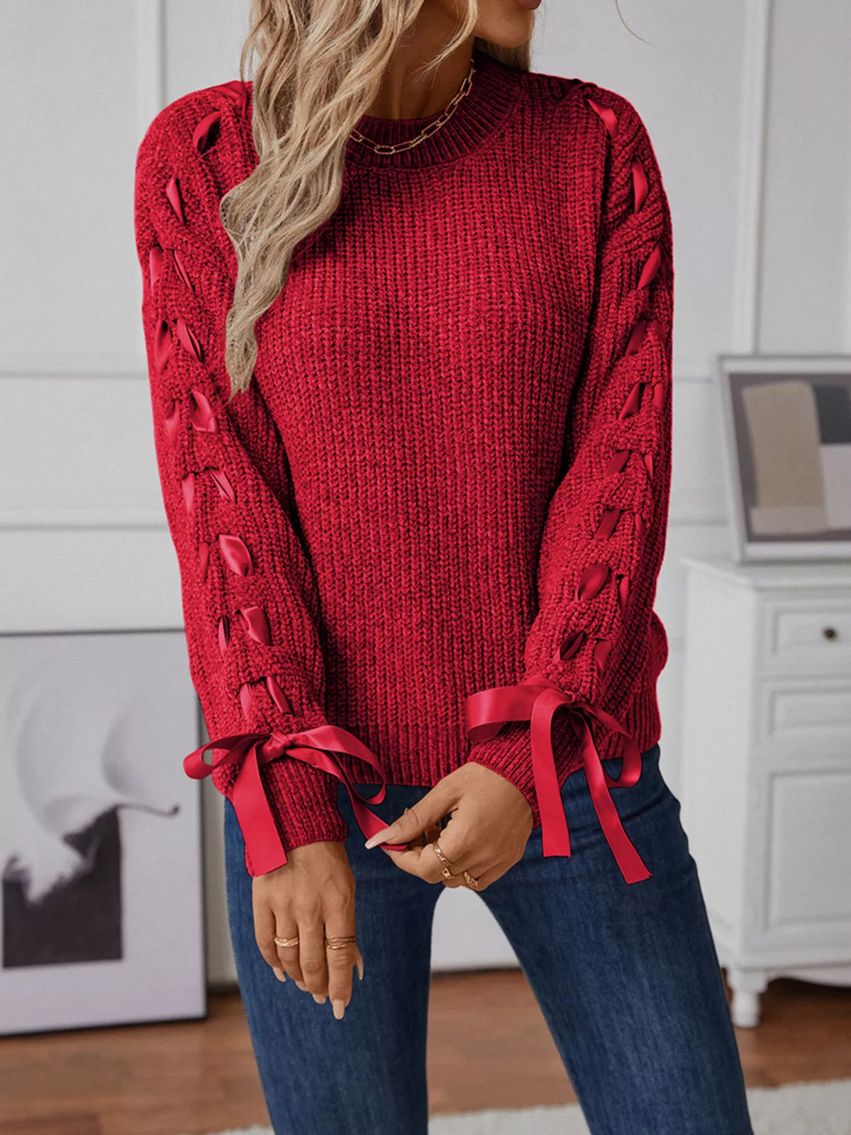 Ribbon-tie Sleeve Round Neck Sweater (8)