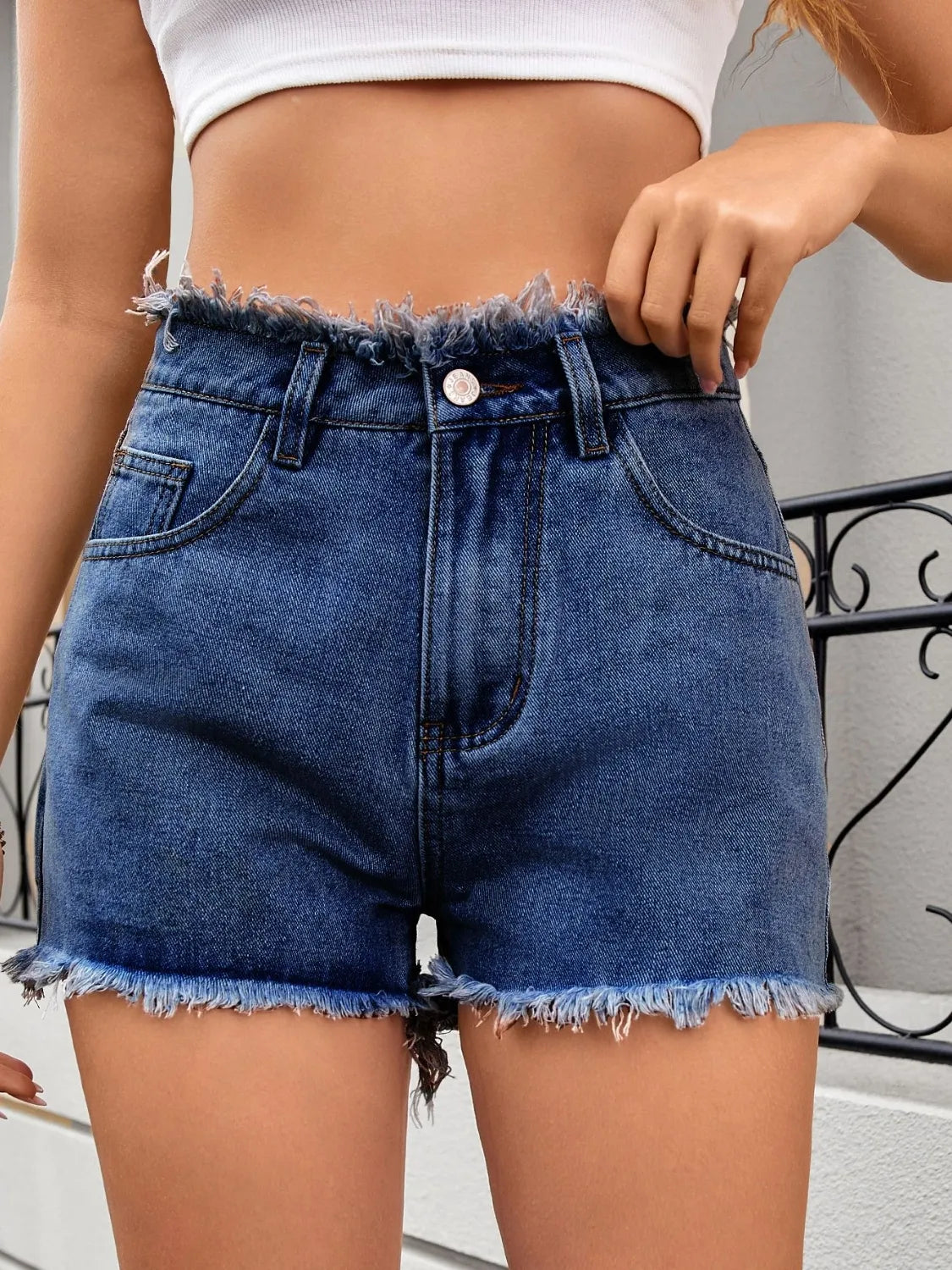Washed Raw Hem Denim Shorts (7)