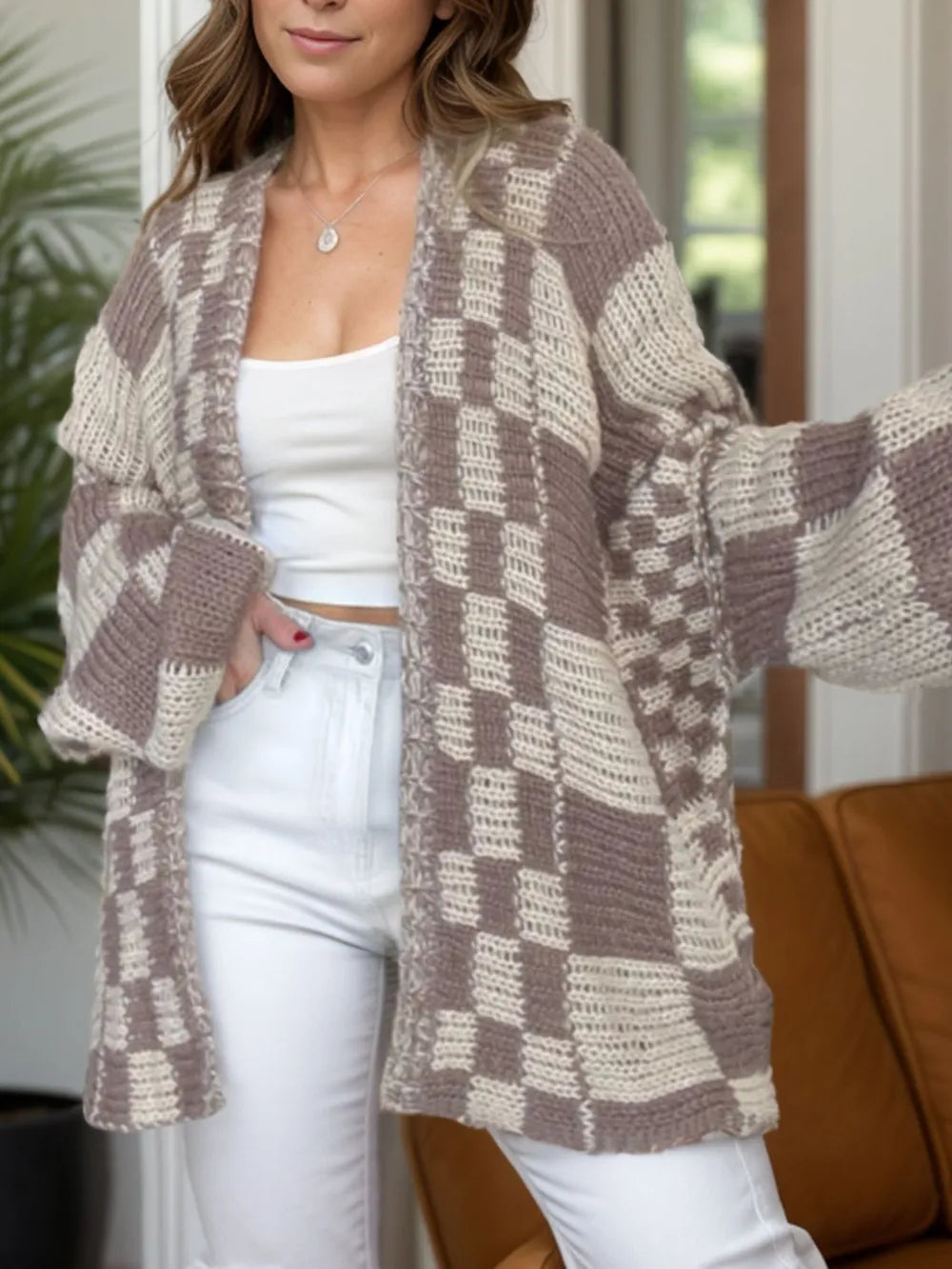 Plaid Open Front Long Sleeve Cardigan (6)