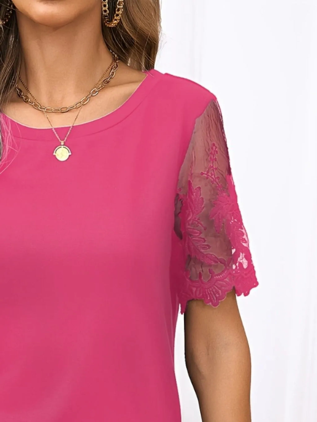 Lace Detail Round Neck Short Sleeve T-shirt (7)