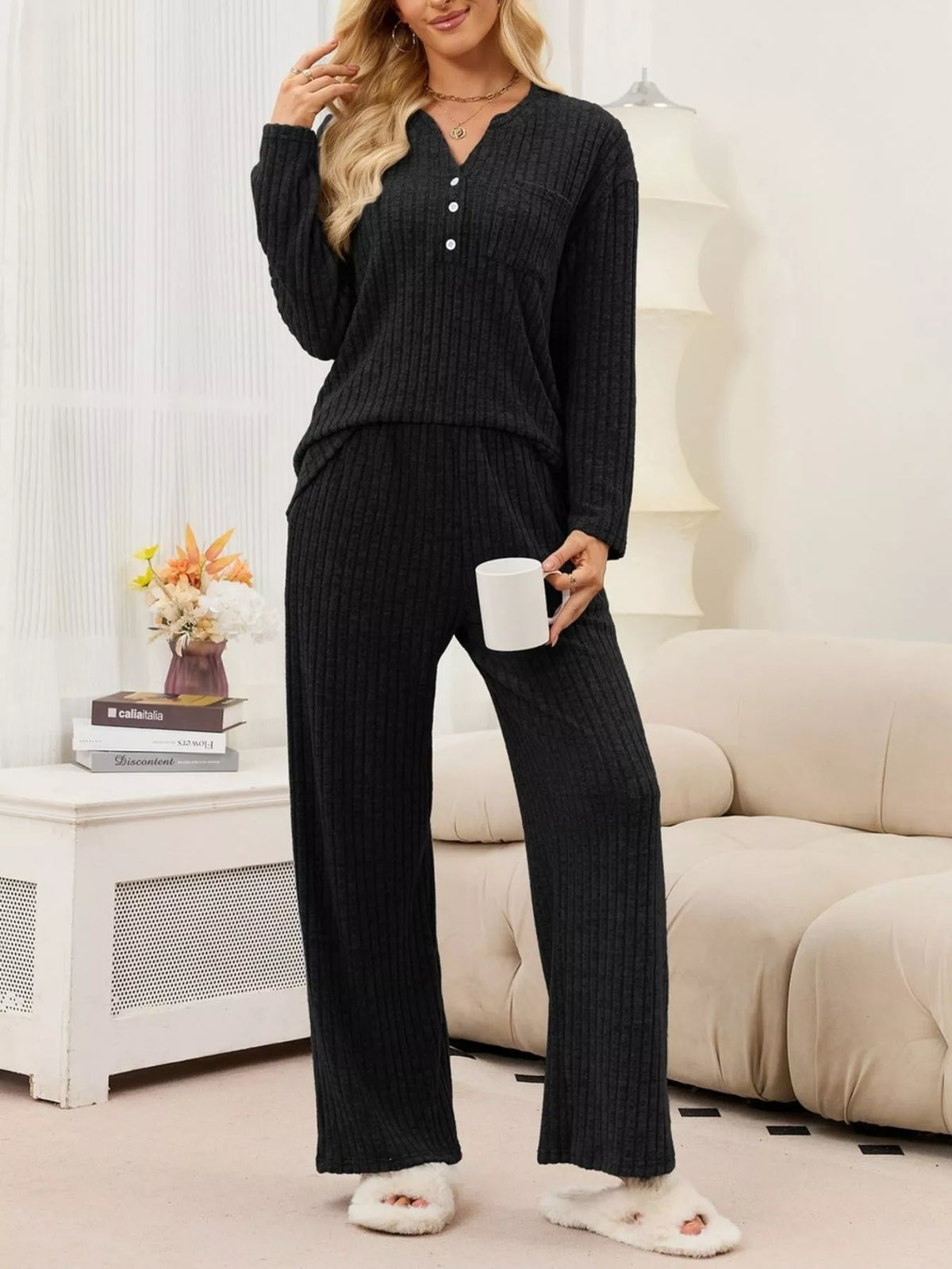 Ribbed Knit Top Wide-leg Pants Set (10)