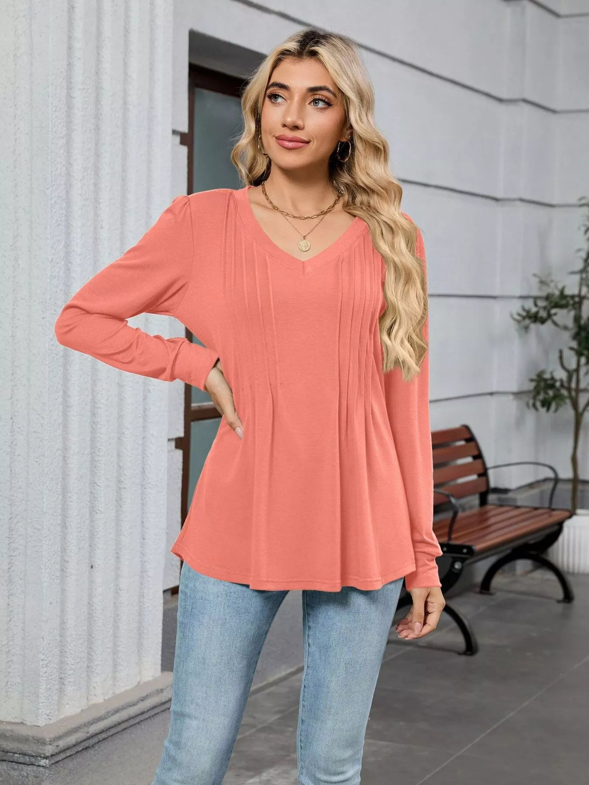 V-neck Long Sleeve Relaxed Fit T-shirt (29)