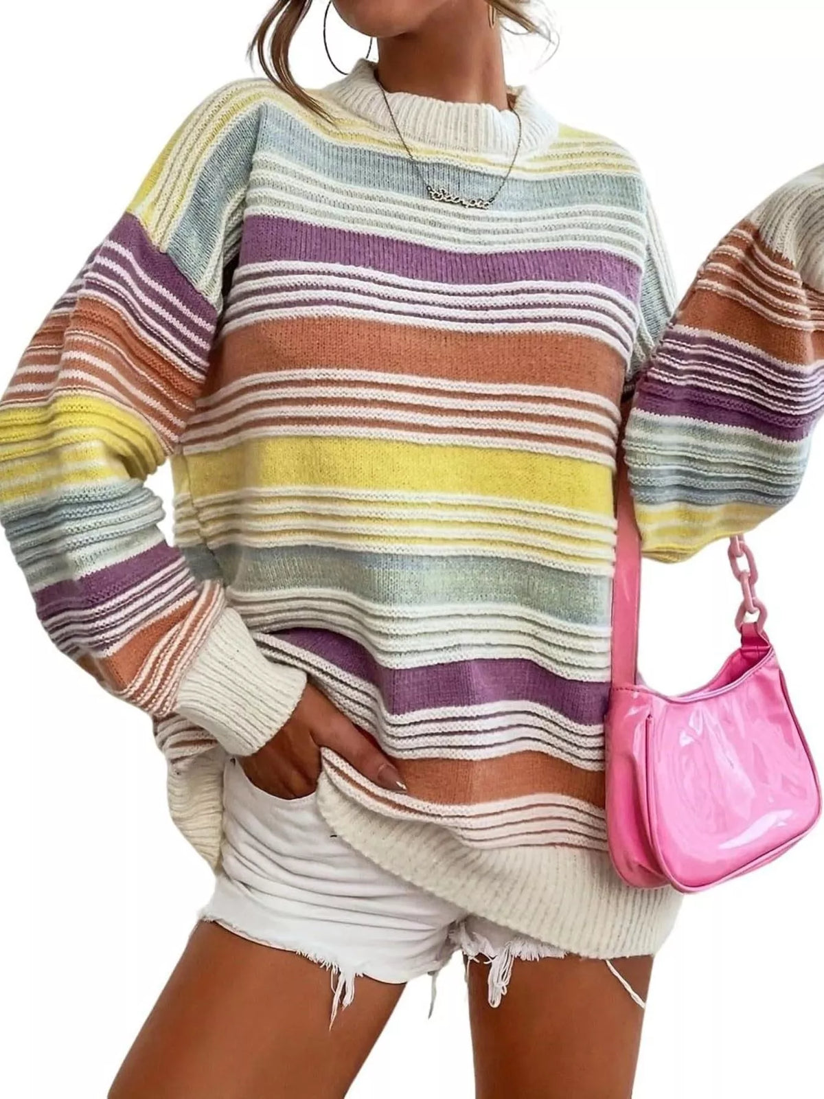 Striped Knit Long Sleeve Sweater (7)