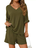 Casual Solid Color V-neck Top Shorts Set (13)