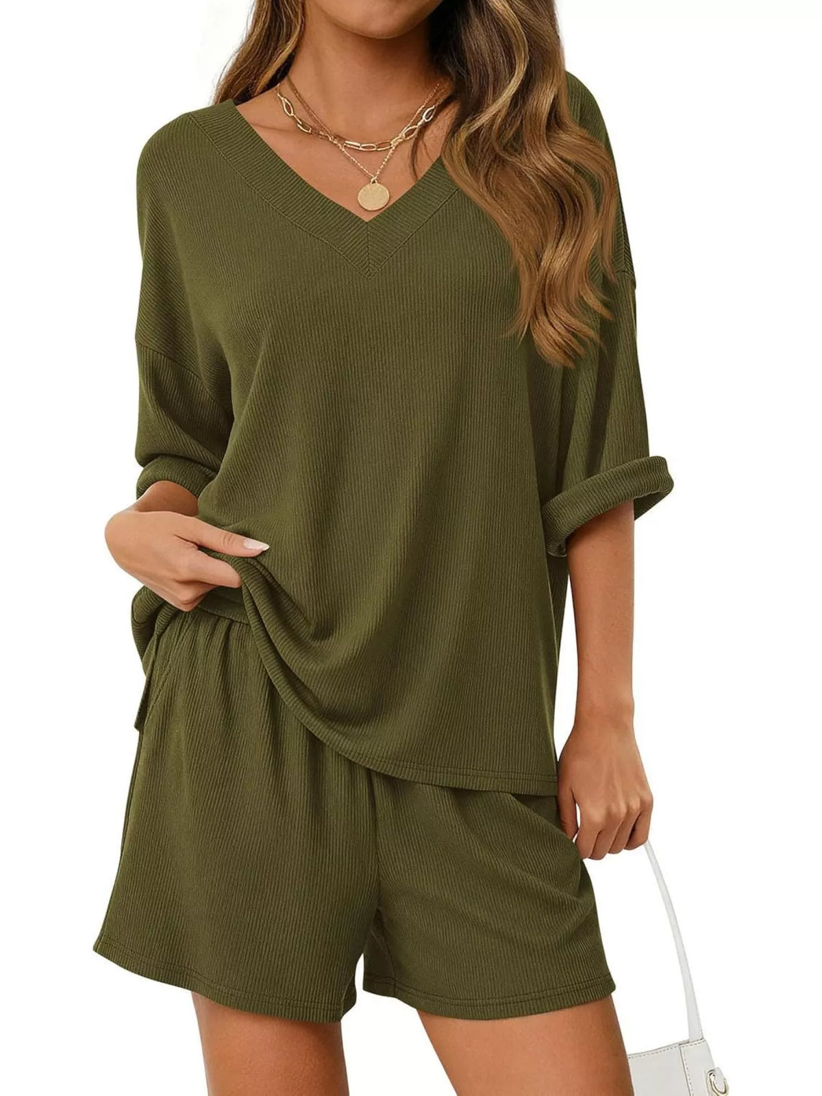 Casual Solid Color V-neck Top Shorts Set (13)