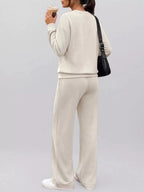 Button Detail Dropped Shoulder Top Pants Set (4)