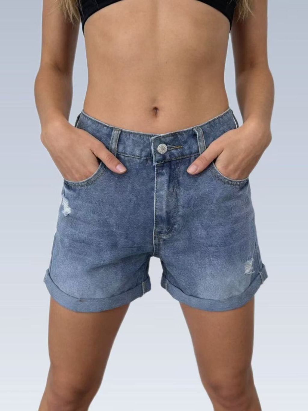 Ripped High-waisted Denim Shorts (6)