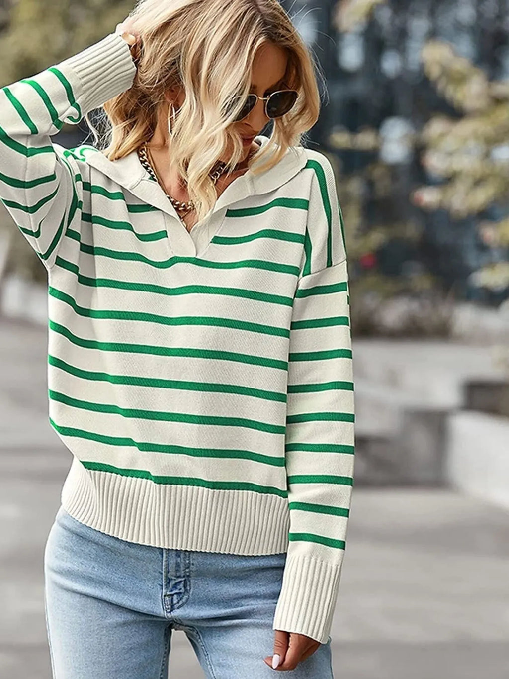 Ribbed Hem Long Sleeve Striped Sweater (5)