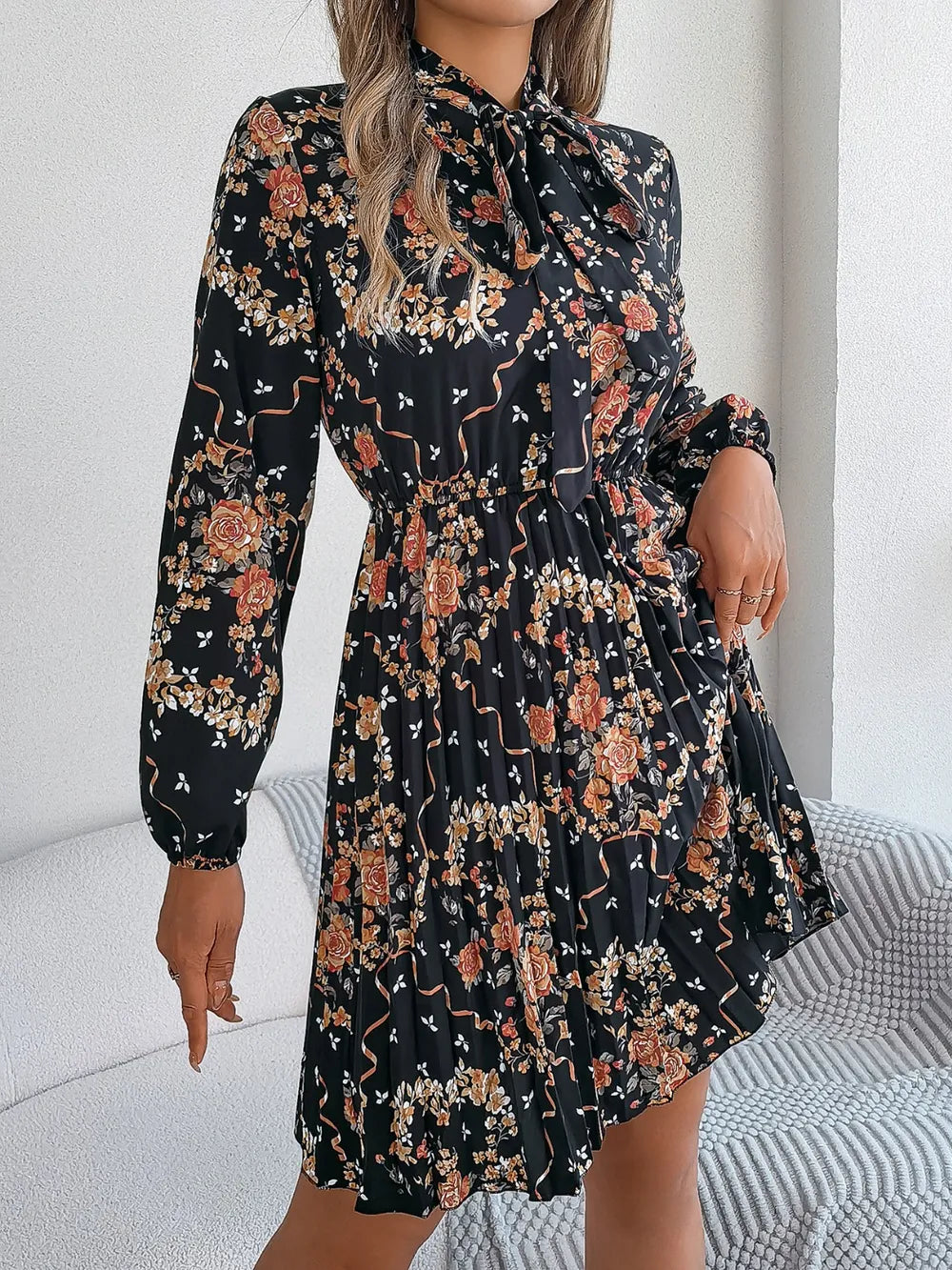 Pleated Printed Tie Neck Long Sleeve Dress (19)