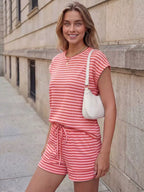 Striped Round Neck Tee Shorts Set (14)