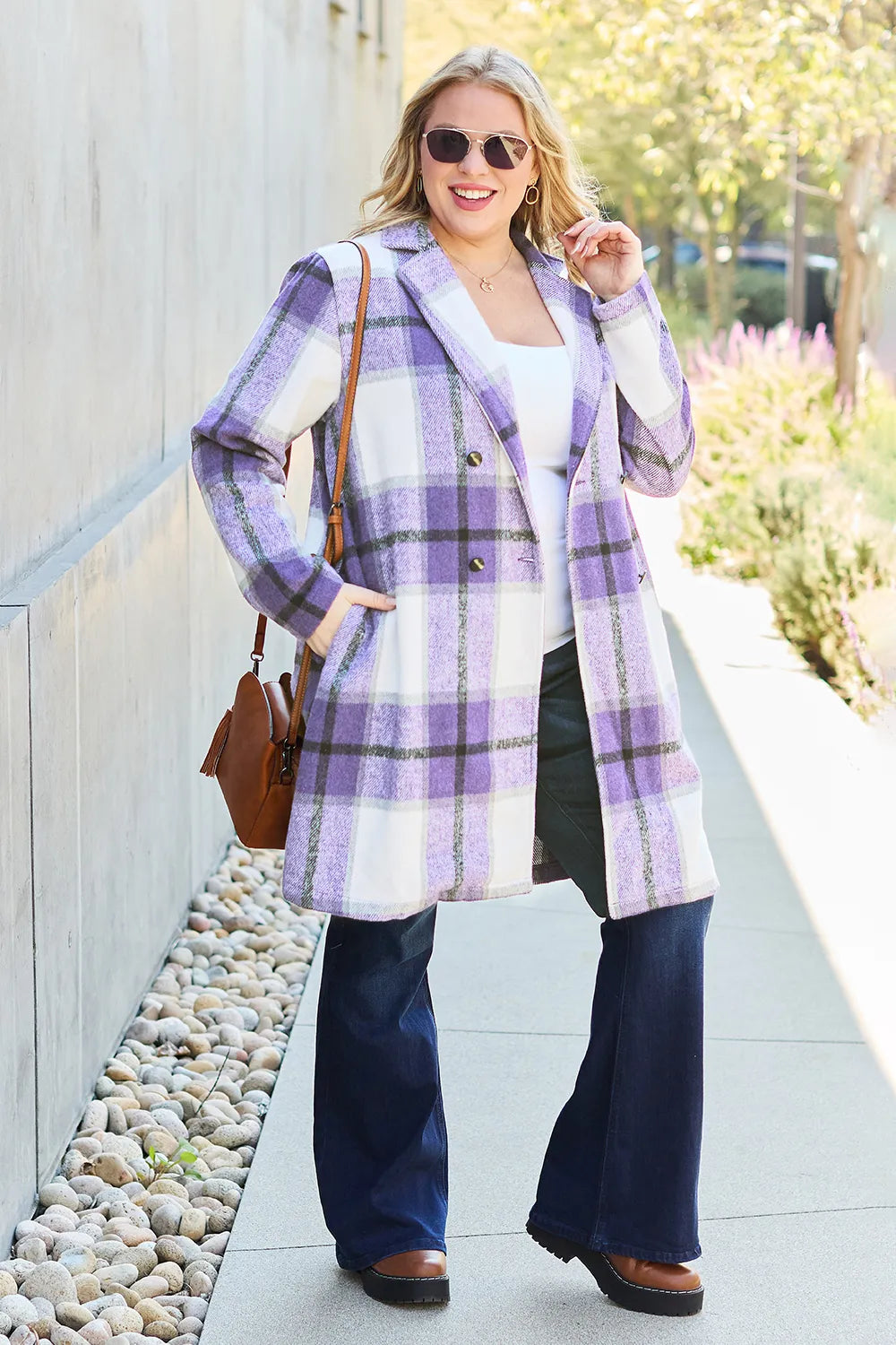 Full Size Plaid Button Up Lapel Collar Coat (35)