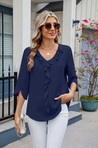 Ruffled V-neck Three-quarter Sleeve Blouse (14)