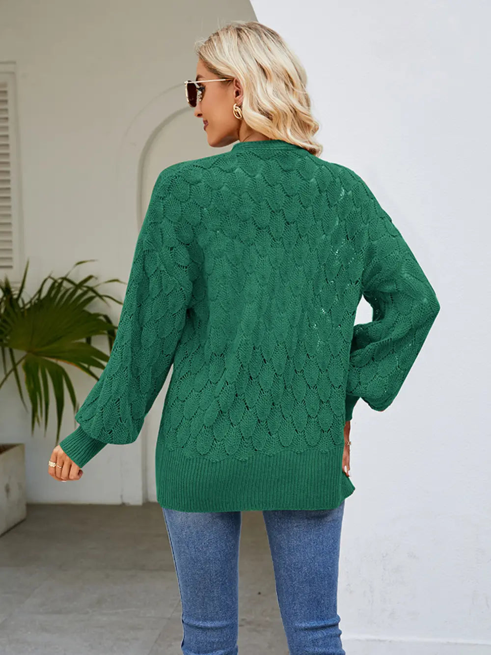 Openwork Open Front Lantern Sleeve Cardigan (10)