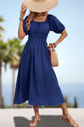 Square Neck Smocked Waist Puff Sleeve Midi Dress (9)