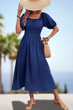 Square Neck Smocked Waist Puff Sleeve Midi Dress (9)
