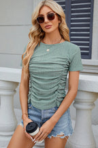 Eyelet Ruched Round Neck Short Sleeve T-shirt (15)