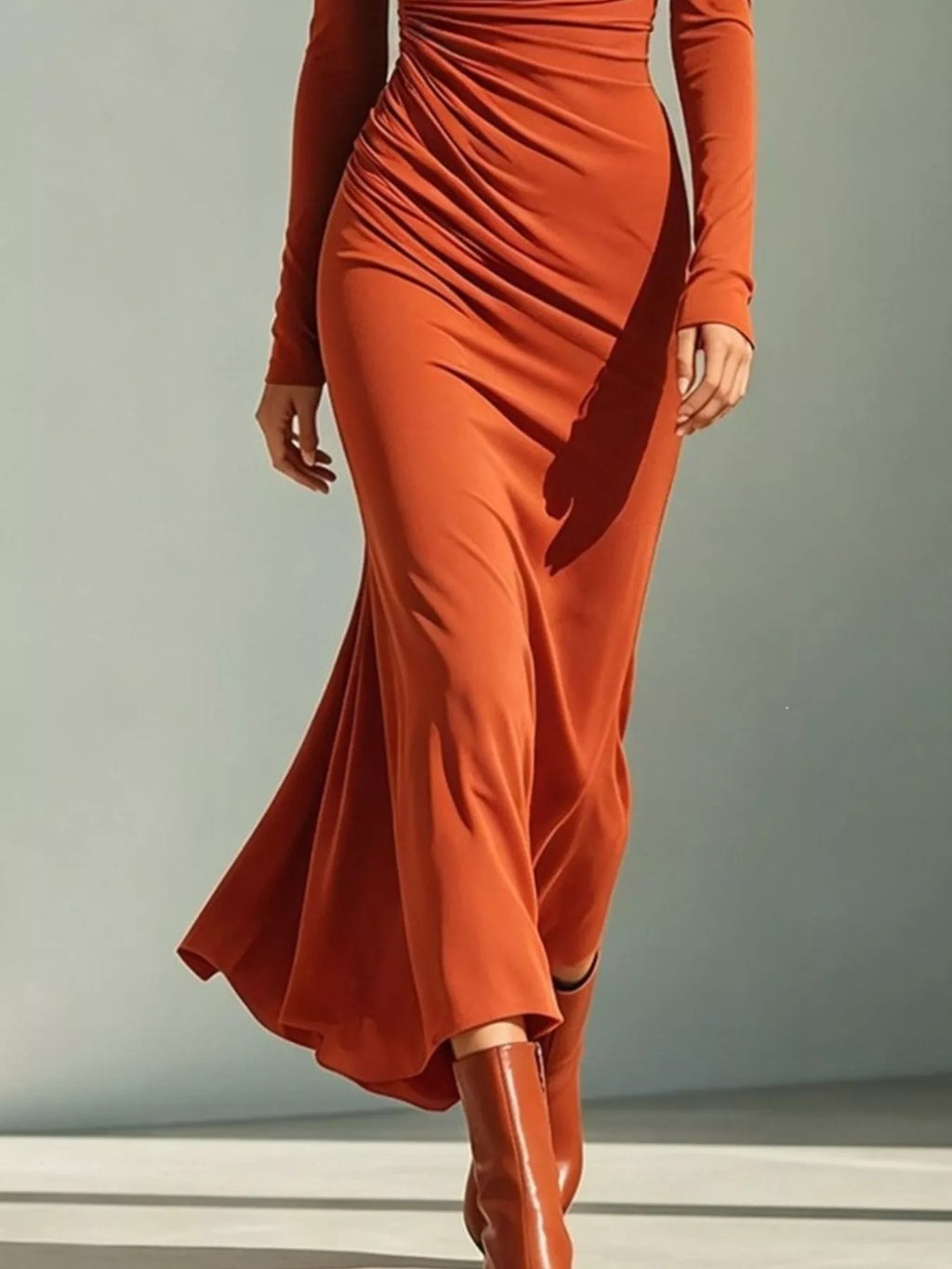 Asymmetrical Neck Ruched Long-sleeve Dress (3)