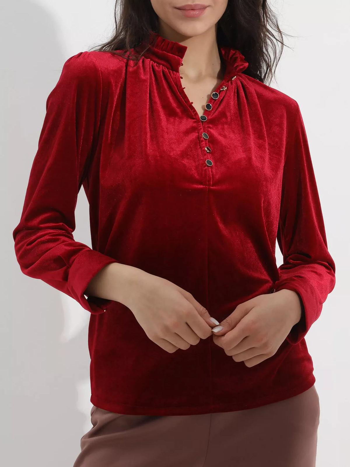 Elegant Velvet Ruffle Neck Blouse (2)