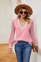 Contrast V-neck Long Sleeve Blouse (7)