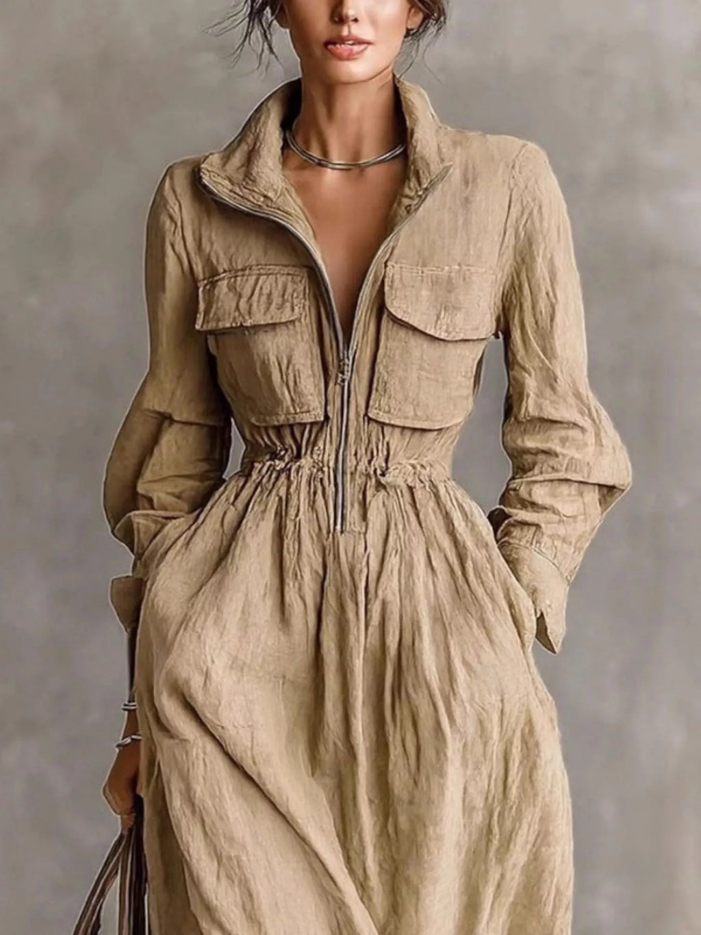 Zip-front Long Sleeve Maxi Shirt Dress (2)
